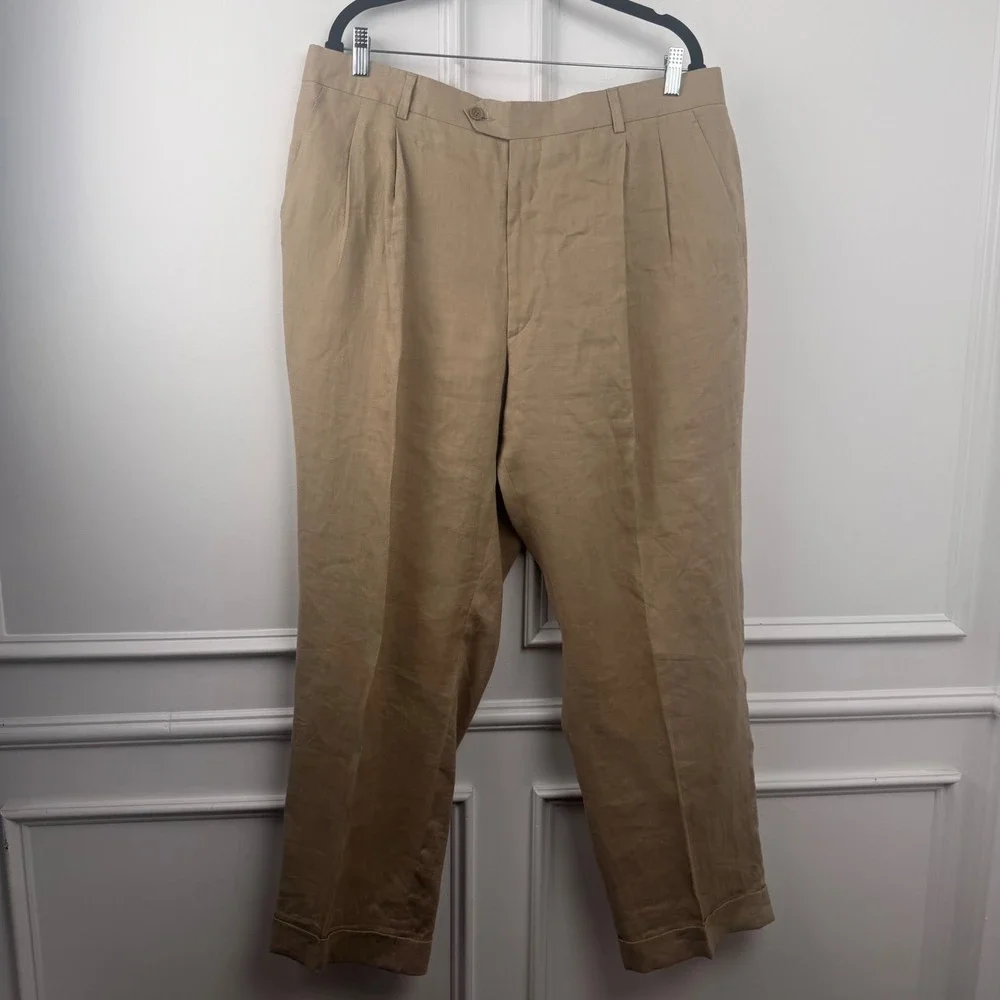Allen Solly Platinum Mens 38x30 Tan 100% Linen Pleated Cuffed Pants